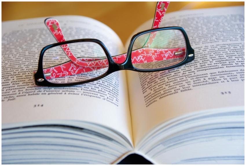 Eyeglasses resting on an open book reflecting text