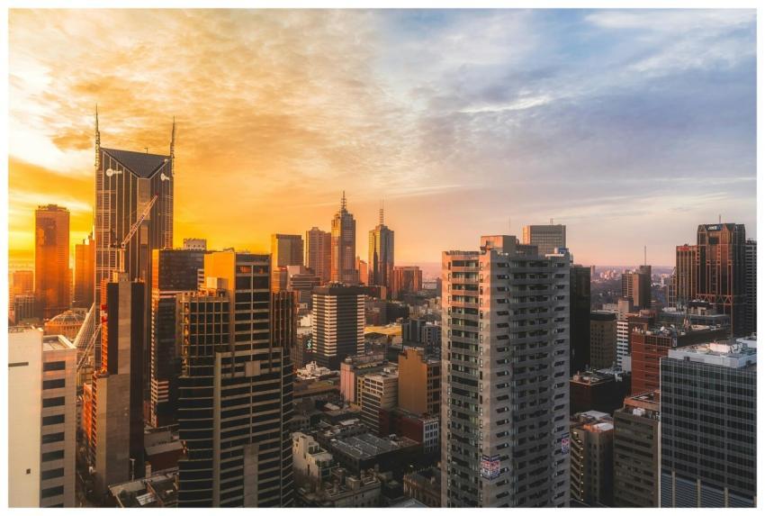 Stunning view of Melbourne's skyline at sunset, ca