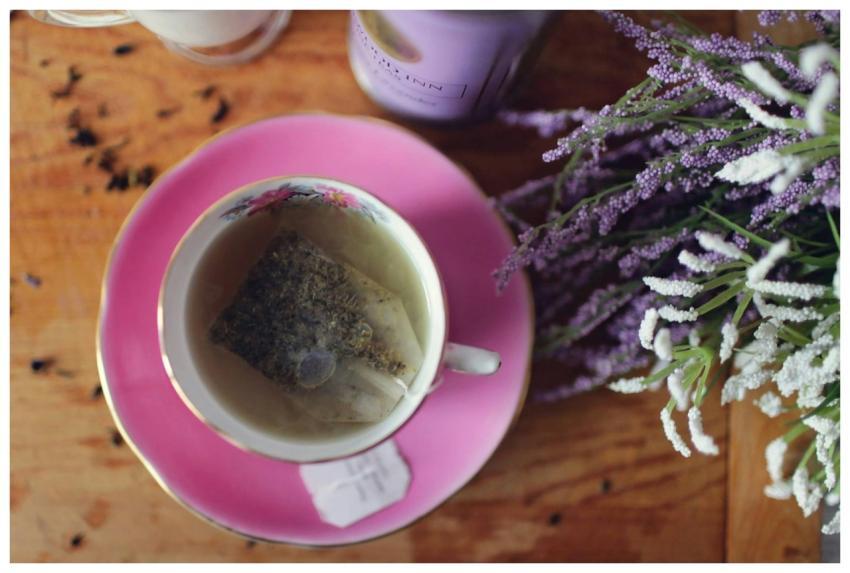 Enjoy a calming herbal tea with lavender and aroma