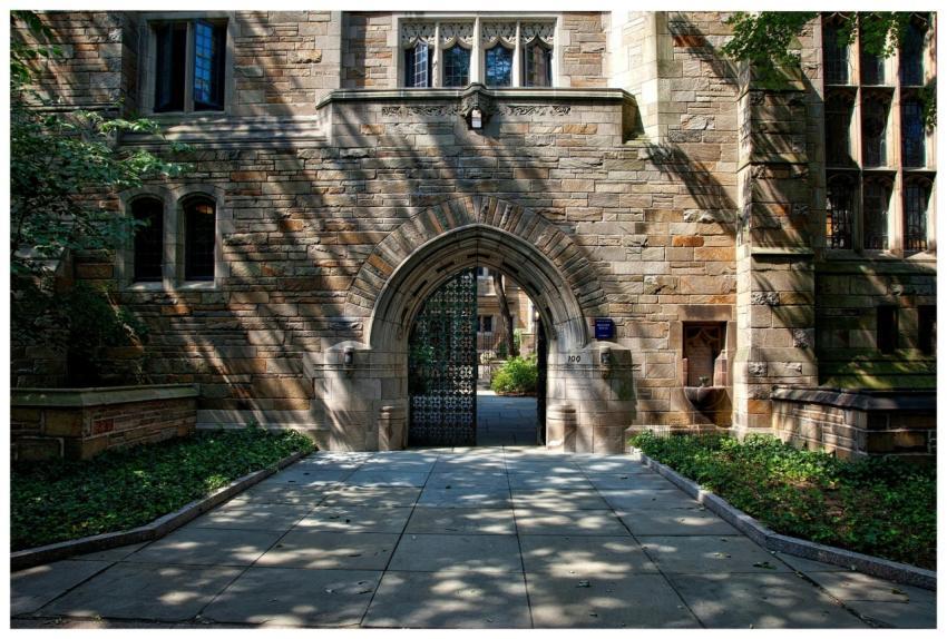 Gothic-style stone archway entrance at Yale Univer