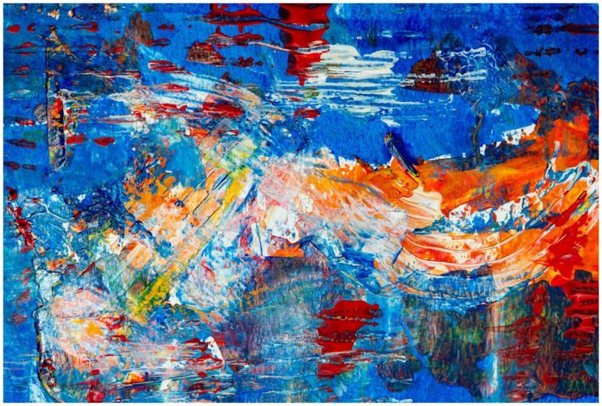 Dynamic abstract artwork featuring bold blue, oran