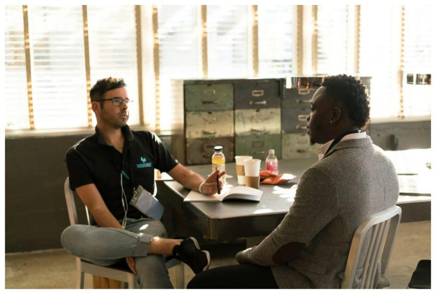 Two men having a focused business discussion in a