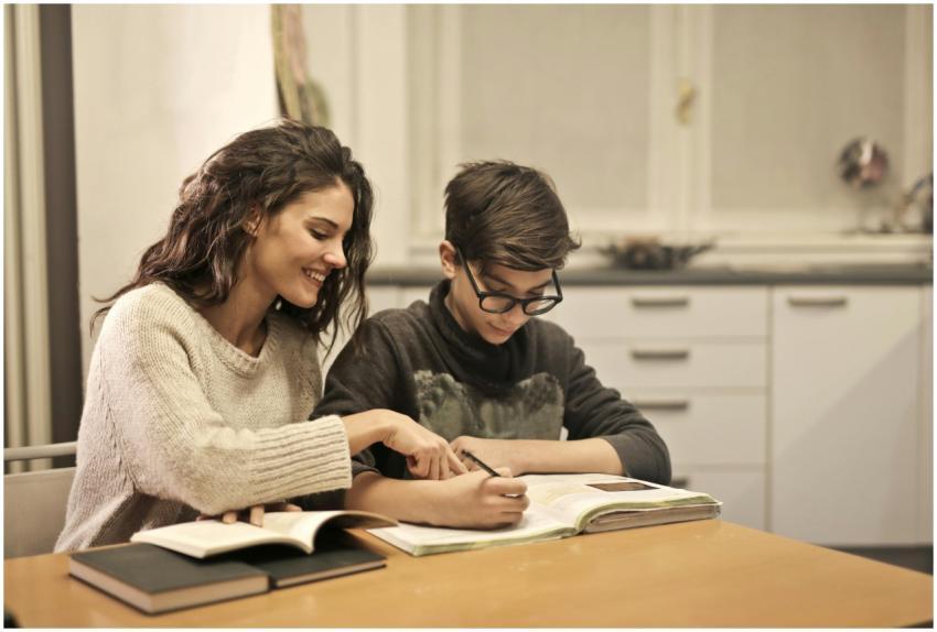 Brother and sister studying together at home, focu