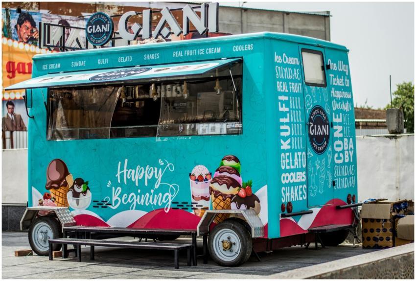 Vibrant ice cream truck parked outdoors offering a