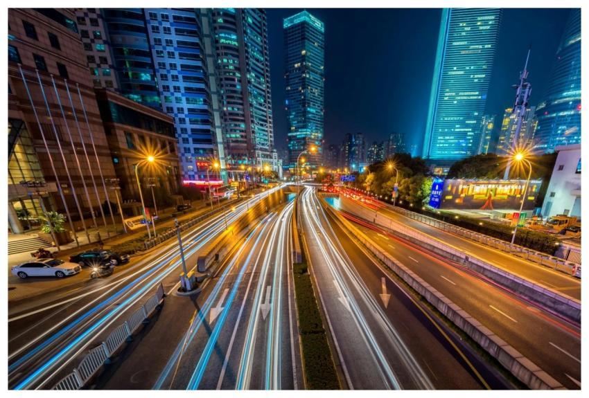 Dynamic long exposure night shot of urban cityscap
