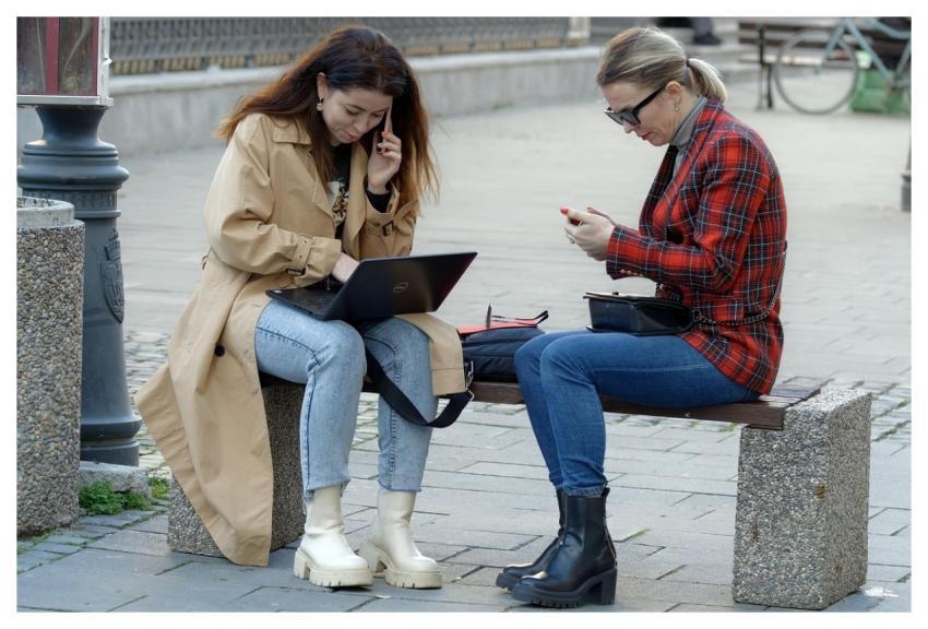 Women Working Sitting Bench
