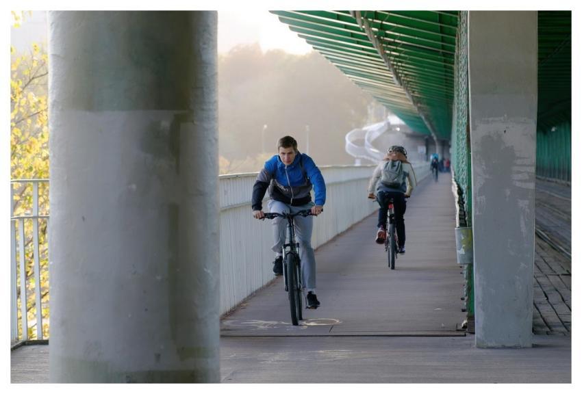 Bicyclists Running People Bridge