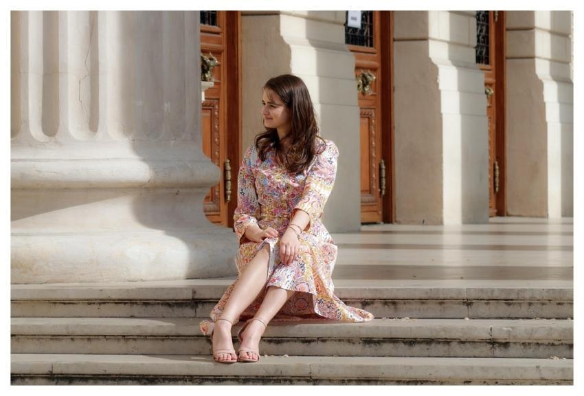 Woman Sitting Stairs Happy