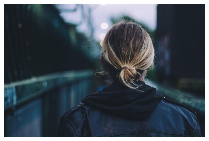 Adult Back View Blonde Hair Black Leather Jacket