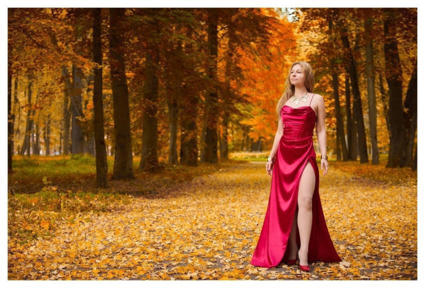 Woman Red Dress Autumn Leaves