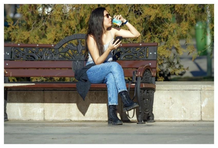 Woman Bench Drink Casual