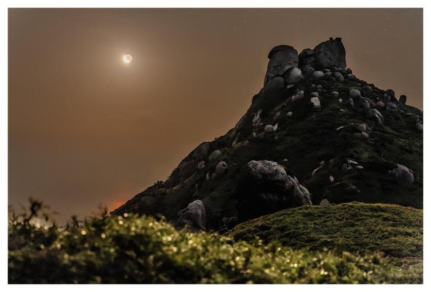 Mountain Night View Crescent Moon Landscape