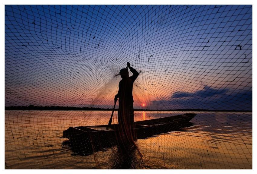 Man Fishing Net Lake Sunset