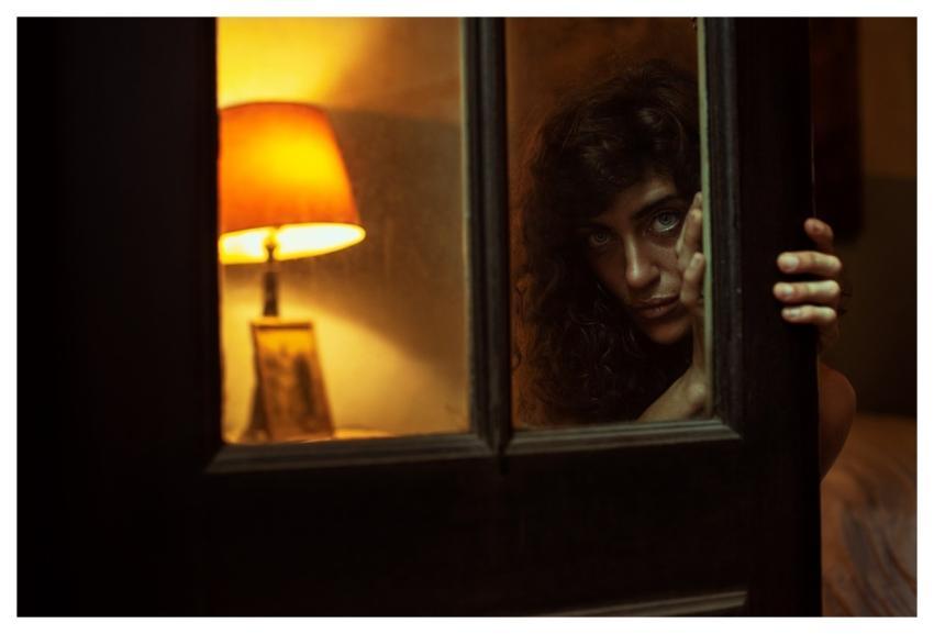 Door Woman Yellow Portrait