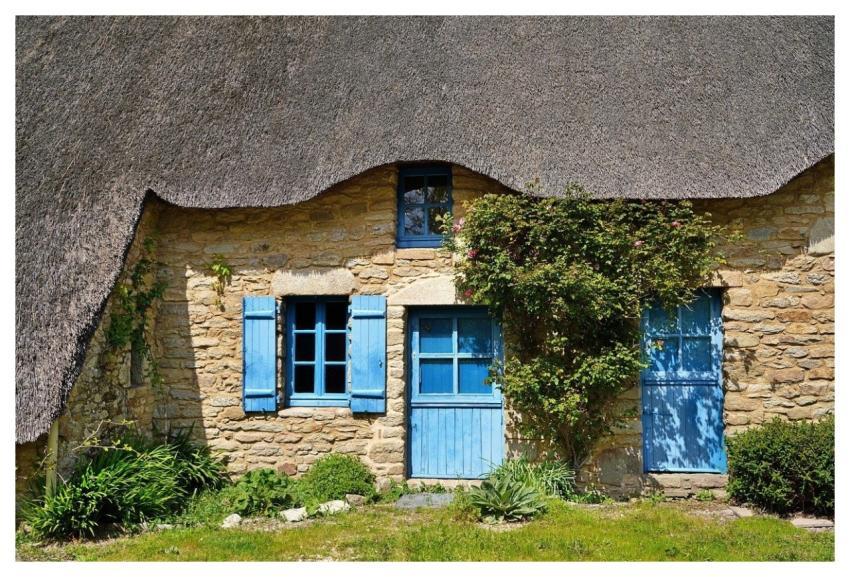House Blue Door Blue Window Stone Wall