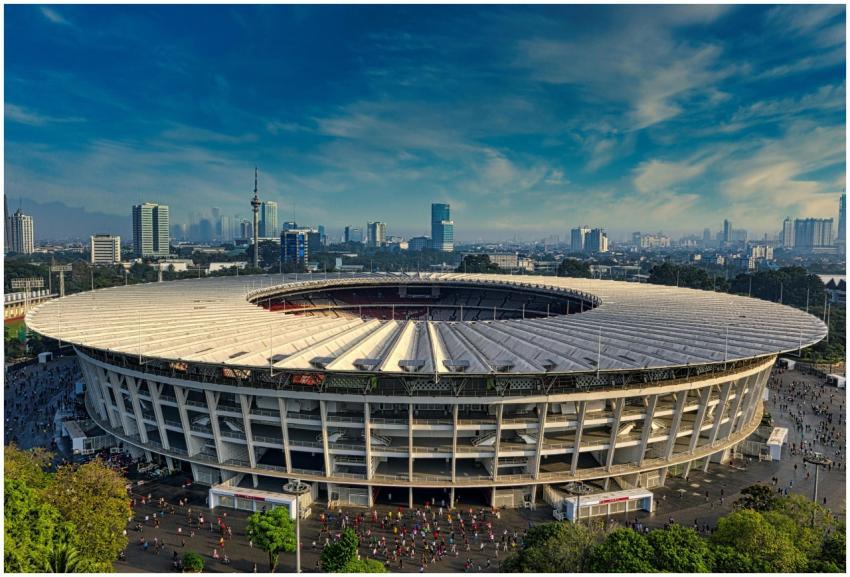 Dramatic aerial view of Gelora Bung Karno Stadium,