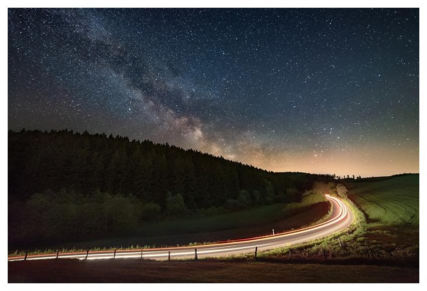 Night Milky Way Road Light Traces