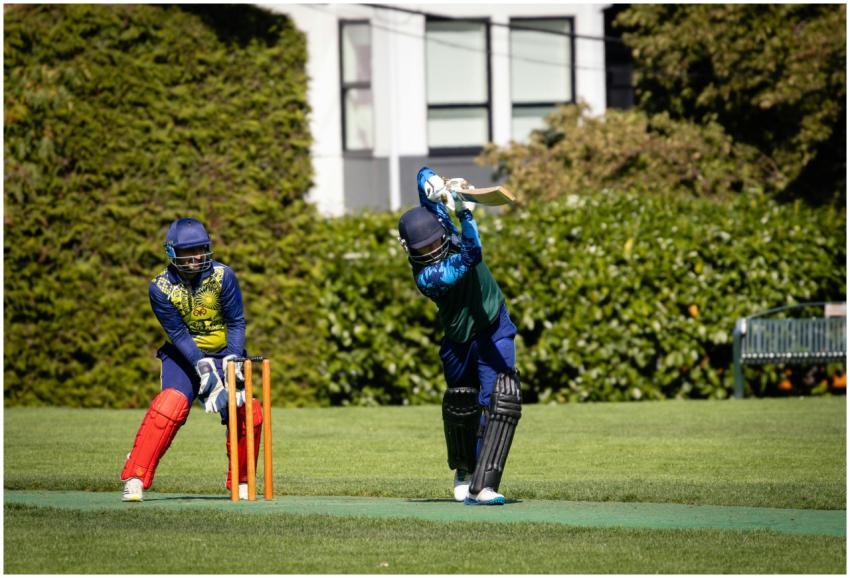 Action shot of a cricket batsman playing a shot wh