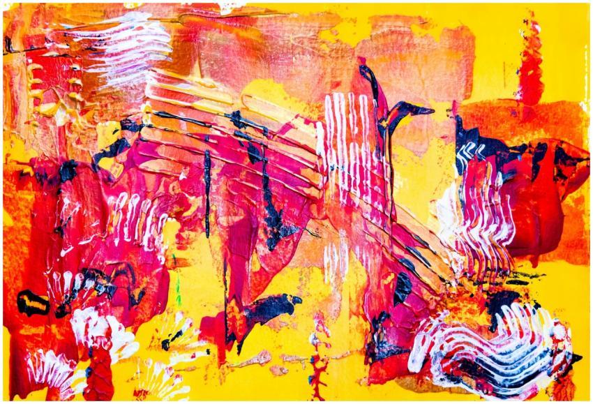 Dynamic abstract painting with vivid red, yellow,
