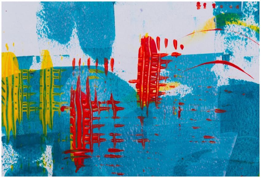 Colorful abstract painting featuring bold red and