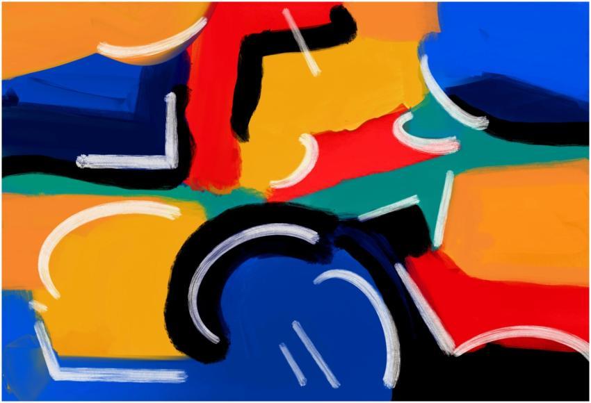 Vibrant abstract painting featuring dynamic shapes