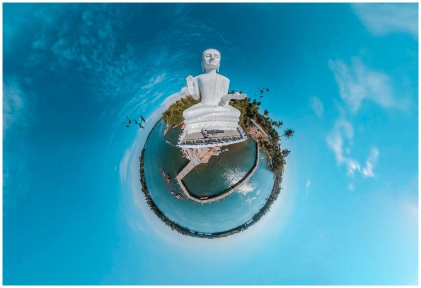 Tiny planet view of a Buddha statue surrounded by