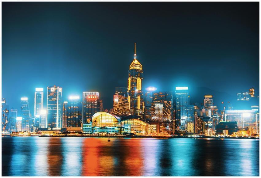 Vivid Hong Kong skyline at night featuring illumin