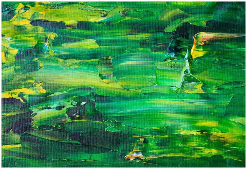 Bold and colorful abstract painting featuring gree