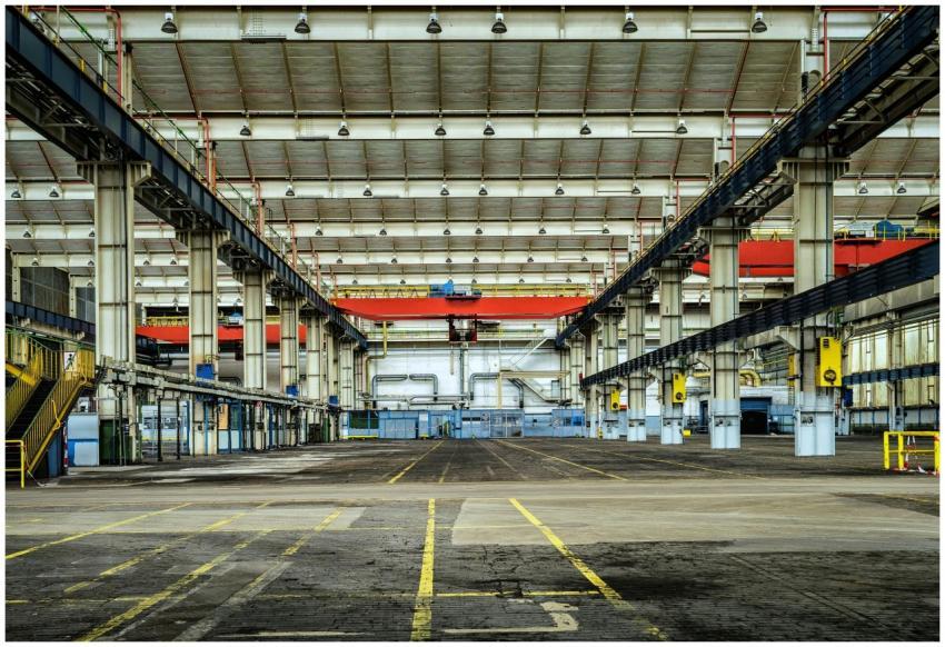 Expansive industrial warehouse interior showcasing