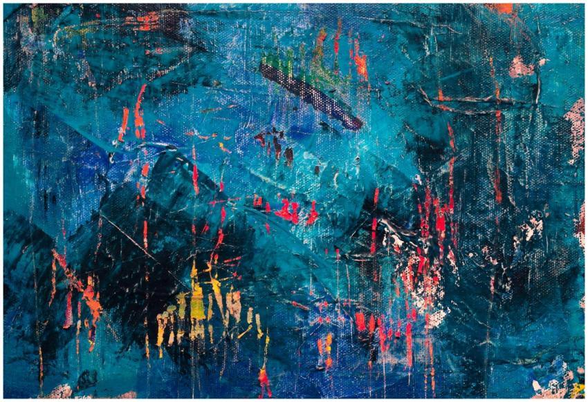 Dynamic blue abstract painting with expressive bru