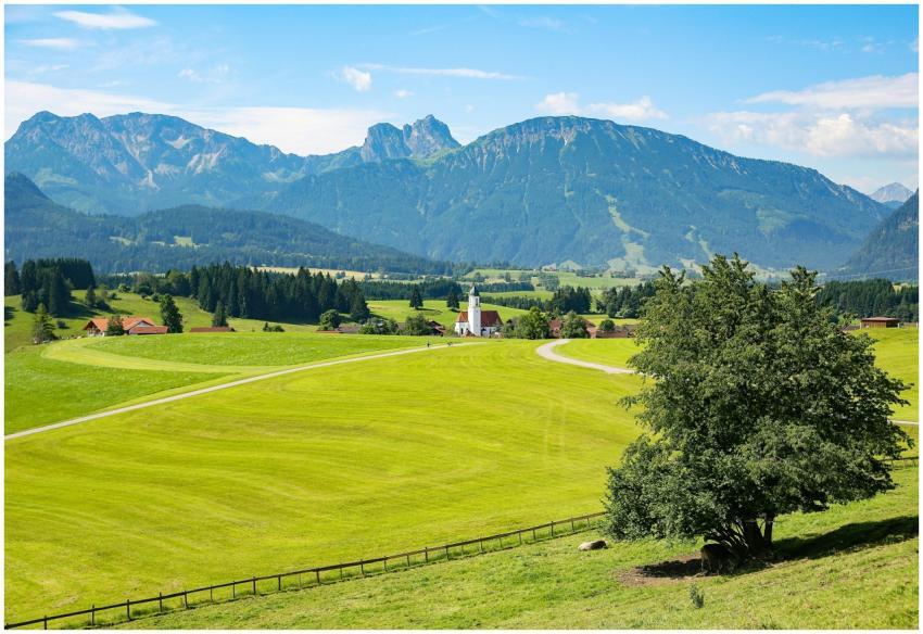 Beautiful rural landscape with lush fields, mounta