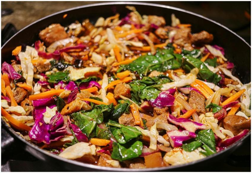 Colorful stir-fry of beef and mixed vegetables in