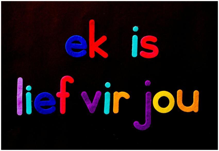 Vibrant letters spelling Afrikaans words 'ek is li