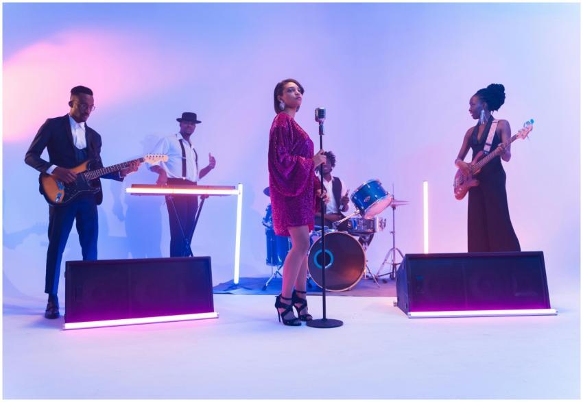 A multi-ethnic band performing live with vibrant l