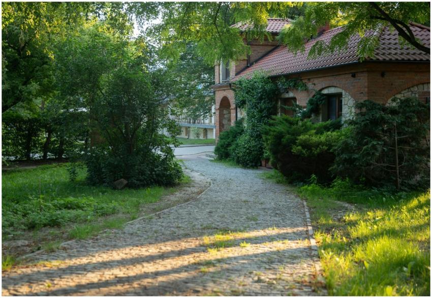 A picturesque view of a brick house surrounded by