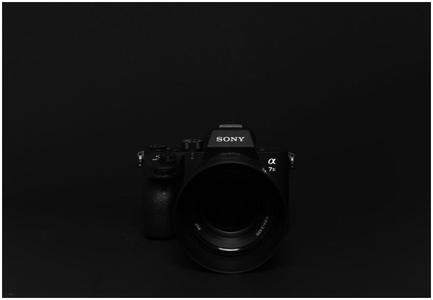 Minimalist image of a black Sony camera against a