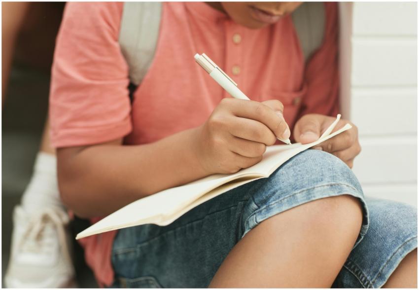 A teenager sitting outside writing in a notebook,