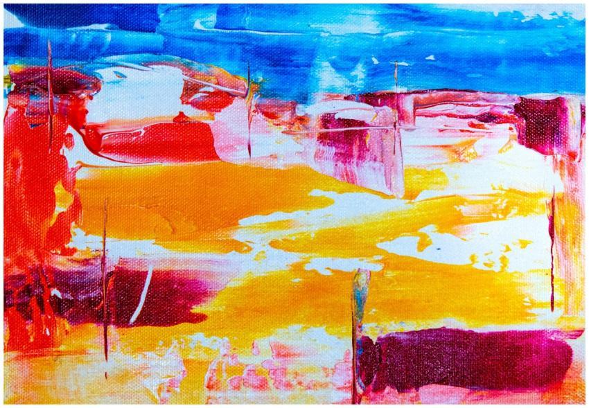 Lively abstract painting featuring vivid blues, re