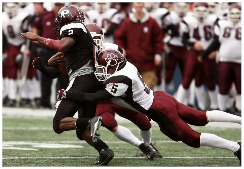 Exciting tackle during an American football game h