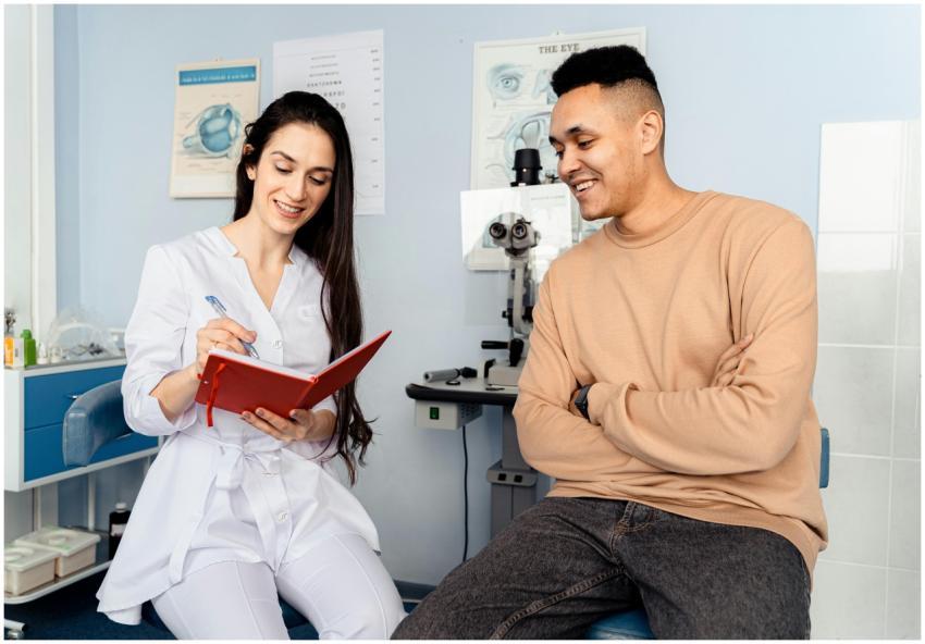 A male patient interacts with a female ophthalmolo