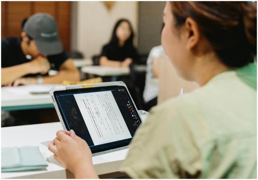 Students in a Japanese classroom using a tablet fo
