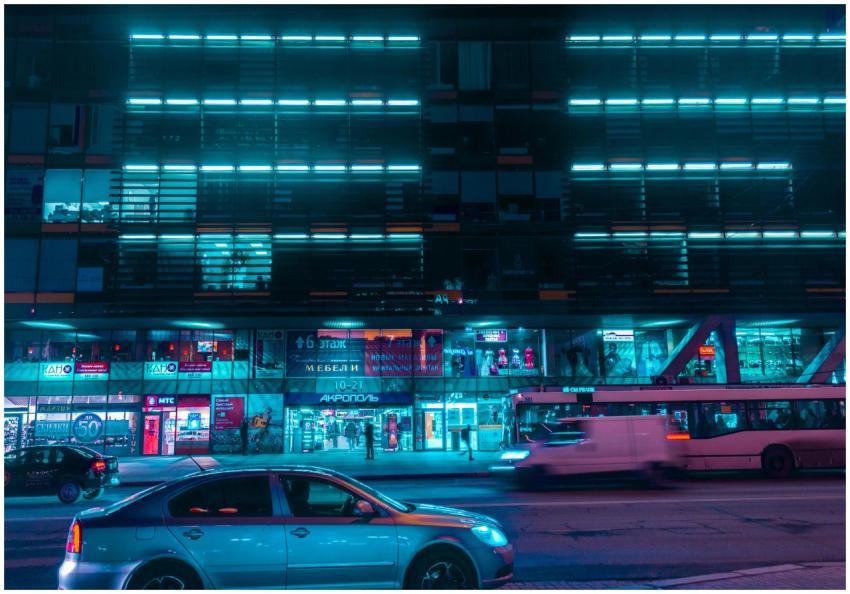 Neon-lit street scene capturing a bustling night c