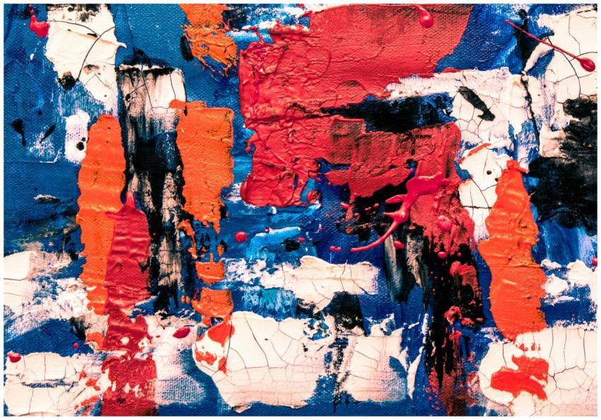 Dynamic abstract painting featuring bold red, blue