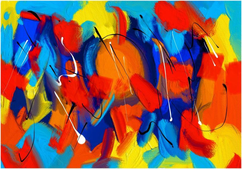 Dynamic abstract painting featuring vivid blues, r