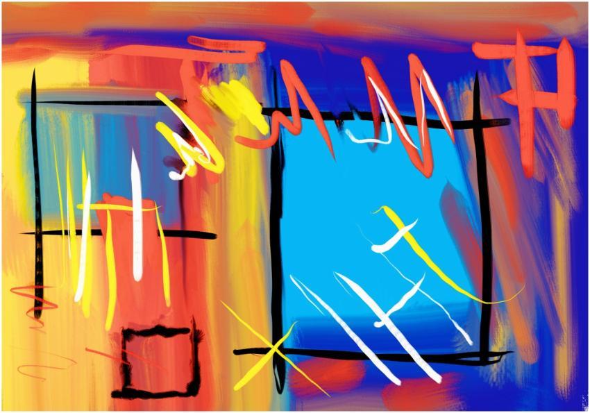 Dynamic abstract painting featuring bold colors an