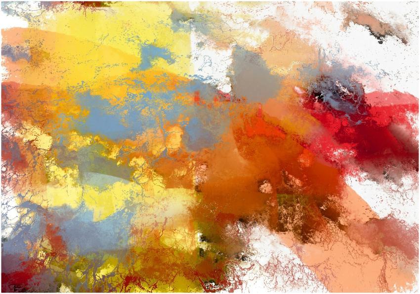 A colorful abstract painting with splashes of red,