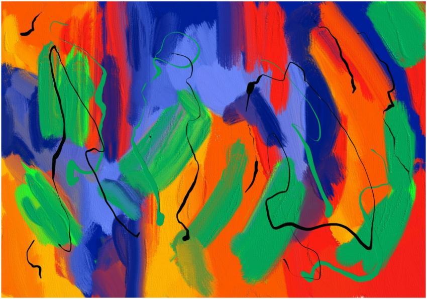 A colorful abstract painting featuring bold brush