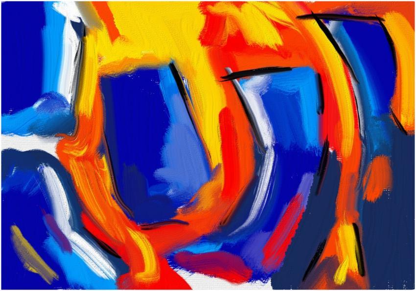 Dynamic abstract expressionist artwork featuring b