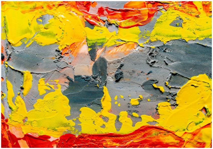 Dynamic abstract painting with vivid yellow, red,