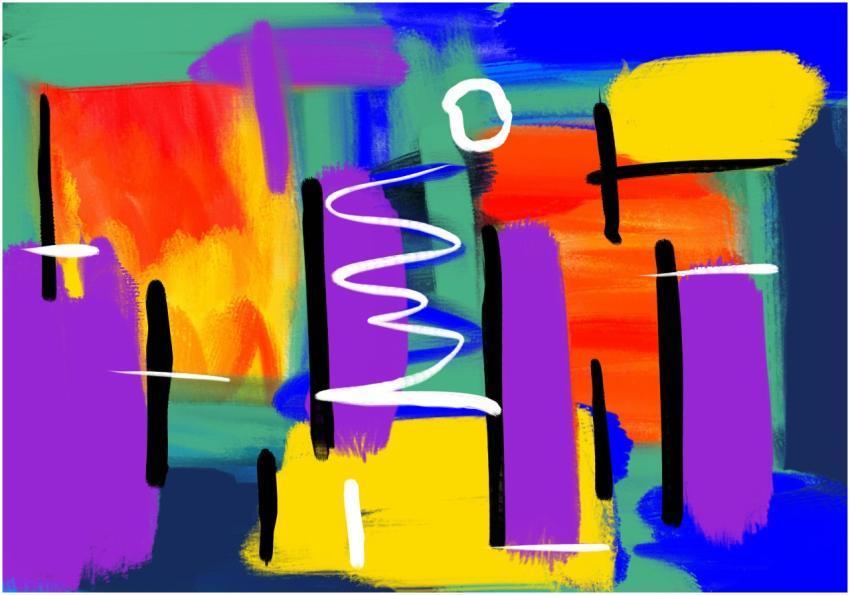 Dynamic abstract artwork featuring bold colors and